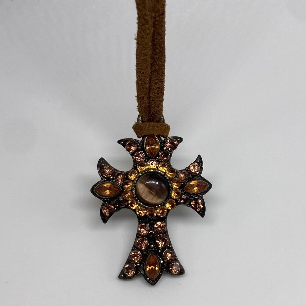 Goth Celtic Gothic Style Gemstone Crucifix Leather Necklace Faux Tigers Eye